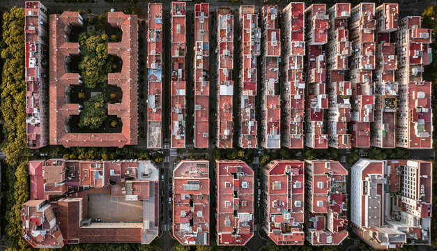 Aerial view of a residential area in Barceloneta district of Barcelona along the beach, Spain.