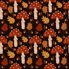 Autumn pattern - seasonal elements, mushrooms and different plants. Hand-drawn pattern. Illustration