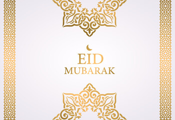 Eid mubarak arabic islamic elegant white and golden luxury ornamental background. Gold arabic ornament greeting card. Golden luxury product label. Web banner, poster, postcard. Icons