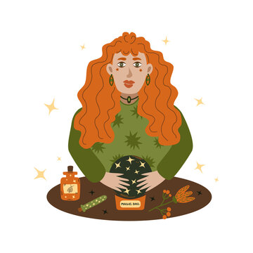The witch is fortune-telling on a glass magic ball. Magic fortune teller. Mystical, mysterious rites of fortune-telling, witchcraft, esotericism, life predictions. Vector illustration in flat hand dra