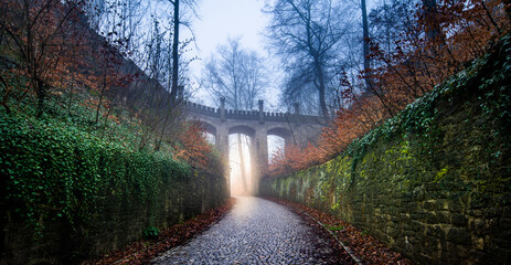Medieval viaduct in the night autumn forest in fog and a road with paving stones