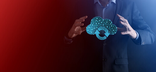 Cloud technology. Polygonal wireframe cloud storage sign with two arrows up and down on dark blue....