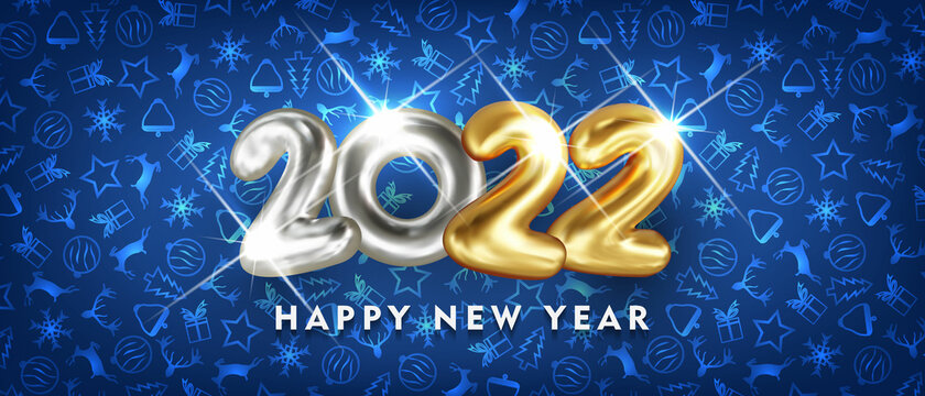 2022 Happy new year. Christmas Design of greeting card. Gold and silver Shining 3d 2022 Numbers on blue Background. Vector illustration