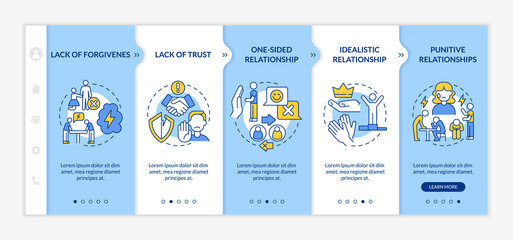 Toxic relationship types onboarding vector template. Abusive partner. Responsive mobile website with icons. Web page walkthrough 5 step screens. Abusive partner color concept with linear illustrations