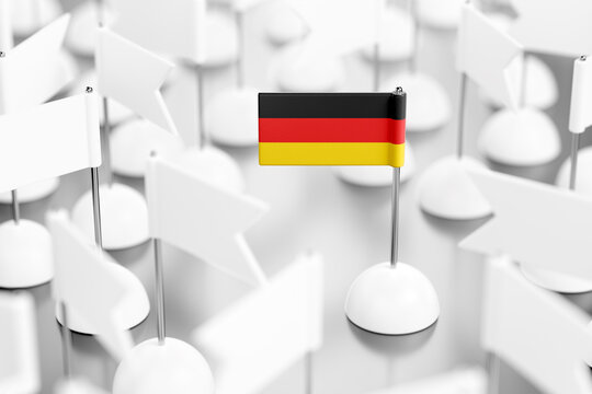 Geographic Location - European Union. A pennant in form of a flag of the Germany  in surrounding with a group of white pennants are randomly arranged on reflective surface. 3D rendering graphics.