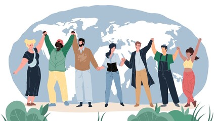 Vector cartoon flat happy smiling characters of different status and races holding hands-people equality,diversity and peace day,international friendship and solidarity social concept,web site design
