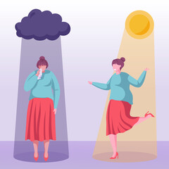 Young woman in two different moods. Bipolar. Sad crying girl with mental problem. Happy young active girl dancing after depression recovery. Cartoon vector illustration in flat design.
