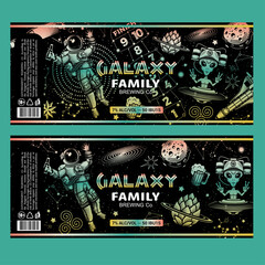 Custom Beer Label Designs. Beer Label With Space, Hop Planet,  Astronaut Holding Beer Bottles, and Alien With Beer helmet.