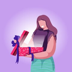 Cute young woman receiving, opening a gift box with a surprise. Female character holding present for Christmas, mothers day, birthday, wedding, anniversary, celebration.  Cartoon vector illustration.