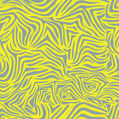 Seamless pattern with gray stripes on a yellow background. Trendy tiger or zebra print for modern fabrics, paper products. Trendy colors of 2021. Vector.