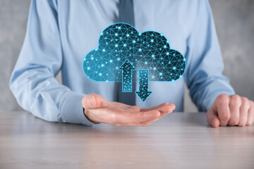 Cloud technology. Polygonal wireframe cloud storage sign with two arrows up and down on dark blue....