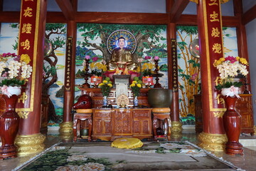 Hoi An, Vietnam, November 20, 2021: Alter of the upper prayer hall of the Chua Nhon An Temple. Hoi An, Vietnam