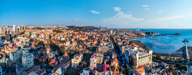 Aerial photography of the urban architectural landscape of Qingdao Bay