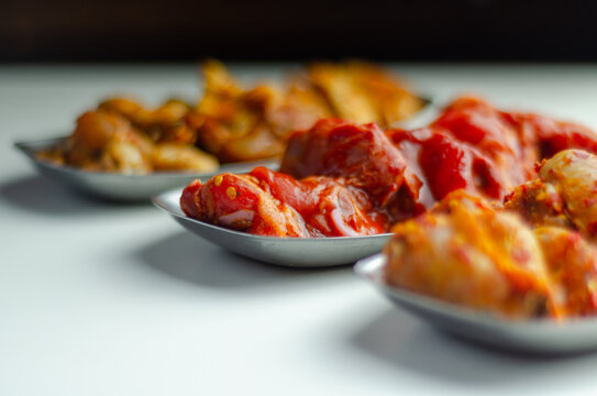 Three Different Set Of The Chicken Wings With Sriracha Glaze, Caribbean Marinade And Chinese Glaze