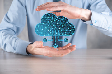 Cloud technology. Polygonal wireframe cloud storage sign with data collection icon on dark blue....