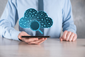 Cloud technology. Polygonal wireframe cloud storage sign with search magnifier icon on dark blue....