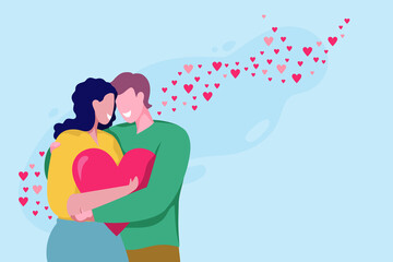 Happy smiling young couple in love. Man and woman hugging and holding heart between hands. Romantic couple celebrating anniversary. Cartoon vector template in flat style for happy Valentine's day.