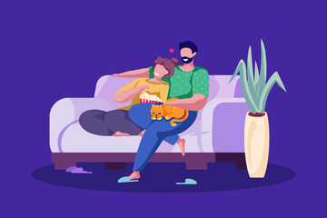 Happy young couple in love hugging on cozy couch with a cat and popcorn. Cartoon family characters celebrate valentines day by watching a romantic movie indoor. Vector illustration in flat style.