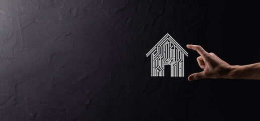 Hand hold house icon.Smart home controlled, intelligent house, and home automation app concept.Pcb...
