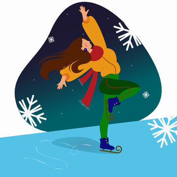 Winter holidays. The girl on the ice. Rest in winter. Vector image