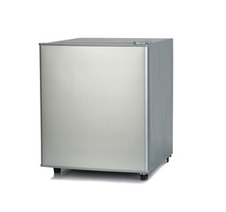 Small metallic grey color refrigerator isolated on white background