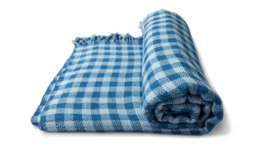 Roll of hand woven plaid shawl, Thai cotton indigo dyed isolated on white background