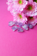  Beautiful amethyst purple crystals with pink chrysanthemum flowers. Magic amulets.