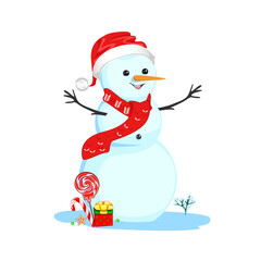 Snowman in red santa hat and scarf. Vector illustration of a cheerful snowman in cartoon style on a white background for decorating a flyer, postcard or poster.
