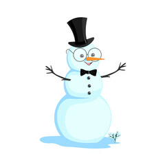 Snowman in a top hat, bow tie and glasses. Vector illustration of a cheerful snowman in cartoon style on a white background for decorating a flyer, postcard or poster.