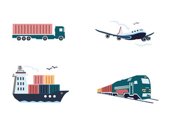 Vector set of illustrations of a cargo plane, ship, truck and train in a simple flat style on a white background for decorating flyers, postcards or media. Airplane, ship, truck and train. Logistics a