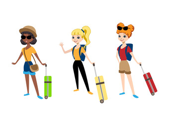 Vector set of three girls tourist travel with suitcases isolated on white background in cartoon style. Vector illustration for decorating a flyer or postcard or media.
