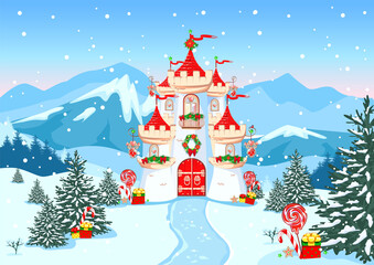 A beautiful princess castle with red roofs, balcony and Christmas decorations. Vector illustration of a fairy tale castle on a winter background in the forest. Winter fairy tale. Christmas mood. © liana2012