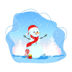 Snowman in a red Christmas hat and scarf on an abstract winter background. Vector illustration of a cheerful snowman in cartoon style to decorate a flyer, postcard or poster.
