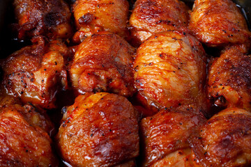 Roasted chicken thighs background. Baked chicken parts lies on flat surface and fill the whole frame of picture. Close up top view