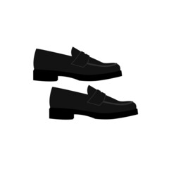 Pair of trendy black loafer shoes. Modern women's and men's footwear with low heel. Flat style. Isolated vector illustration