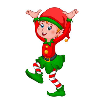 Santa Claus helper elf. Cute cartoon character Christmas elf isolated on white background. Smiling little gnome in costume and cap. Happy New Year and Merry Christmas icon. Vector illustration.