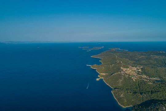 Aerial view of beautiful coastline on Lastovo island facing the Adriatic Sea, Zaklopatica, Croatia.