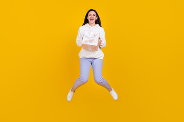 Fototapeta na wymiar Photo of excited crazy glad lady jump hold received package wear white sweatshirt isolated yellow color background