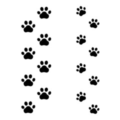 seamless paw trails, black animal footprints isolated on white background.