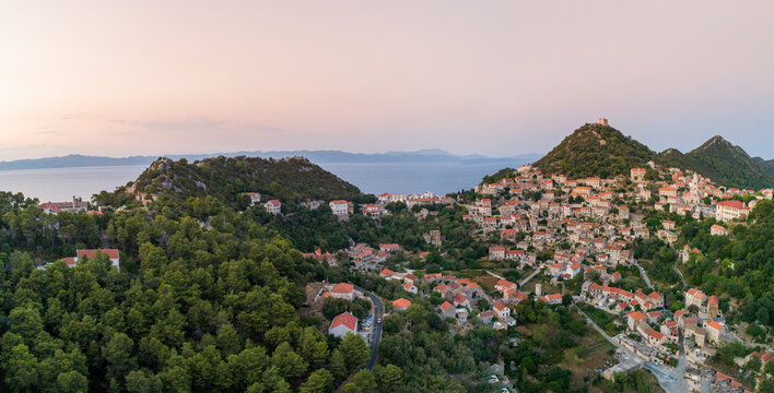 Panoramic Aerial view of Lastovo, a small town on hill top near the coastline, Dubrovnik province, Croatia.