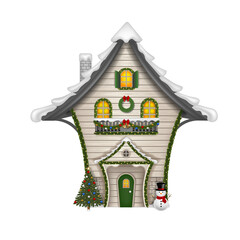 Christmas decorated house. wooden house with decorations, lights, christmas tree and snowman