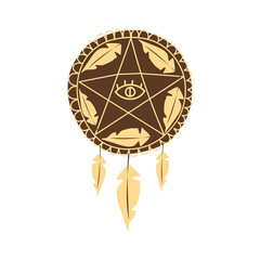 Mystical dream catcher with star and feathers. Vector illustration in hand drawn cartoon style.
