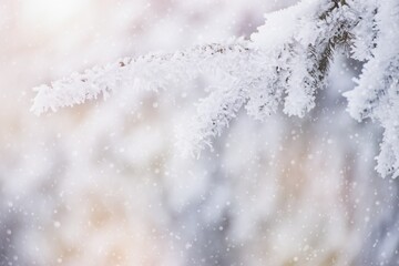 Blurred winter Christmas scene  with snowy pine branch