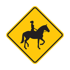 Vector road sign with black silhouette of a woman riding a horse. Isolated on white background.