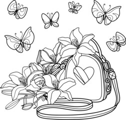 Coloring page for children and adults. Backpack with lilies