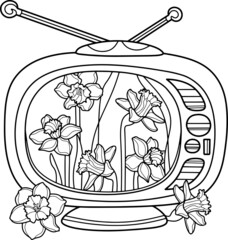 Coloring page for children and adults. Flowers in TV