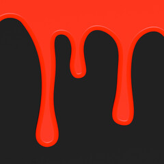 Red paint flows on black background. Red liquid. Drops of blood. Red water is flowing. Black background. Square image. 3D image. 3D rendering.