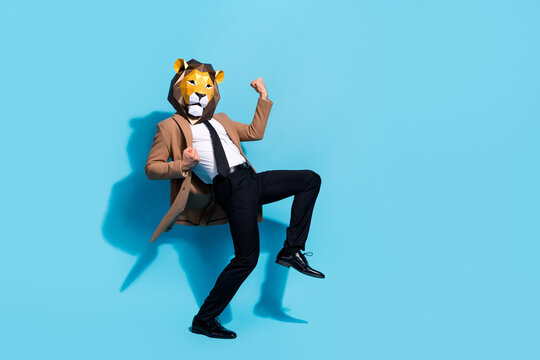 Full length photo of ecstatic guy in lion mask theme festival character win prize raise fists up isolated over blue color background