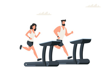 The man and woman running on a treadmill. sport fitness concept. Vector illustration in modern style. Guy and girl run on a treadmill.