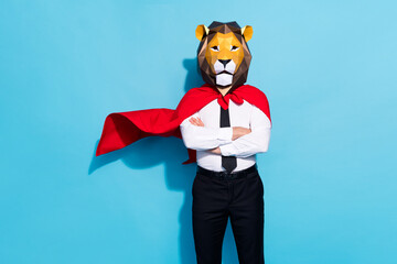 Photo of weird bizarre successful lion character guy cross hands red mantle air fly isolated over blue color background - obrazy, fototapety, plakaty